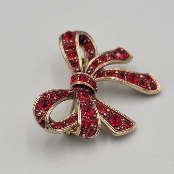 Vintage Christmas Gold Tone Bow Brooch With Red Rhinestones - Picture 6 of 11